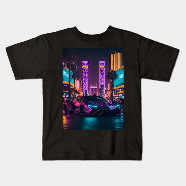 Dark Neon Sports Car in Beach Neon City Kids T-Shirt by star trek fanart and more